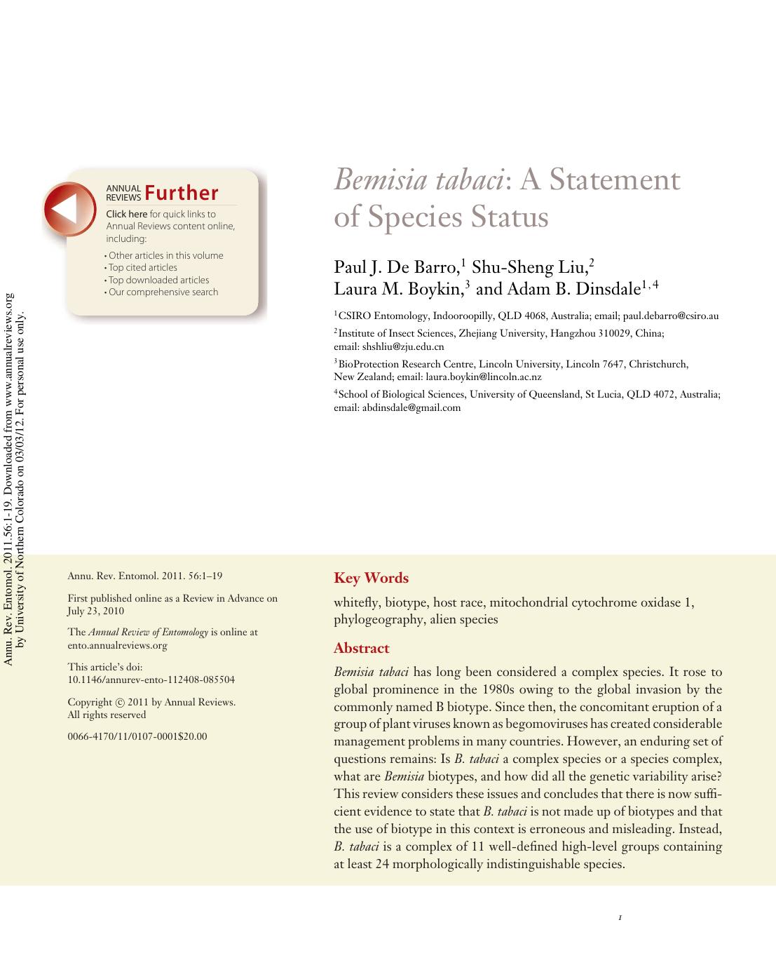 Bemisia tabaci: A Statement of Species Status by Paul J. De Barro 1 Shu-Sheng Liu 2 Laura M. Boykin 3 & Adam B. Dinsdale1 4