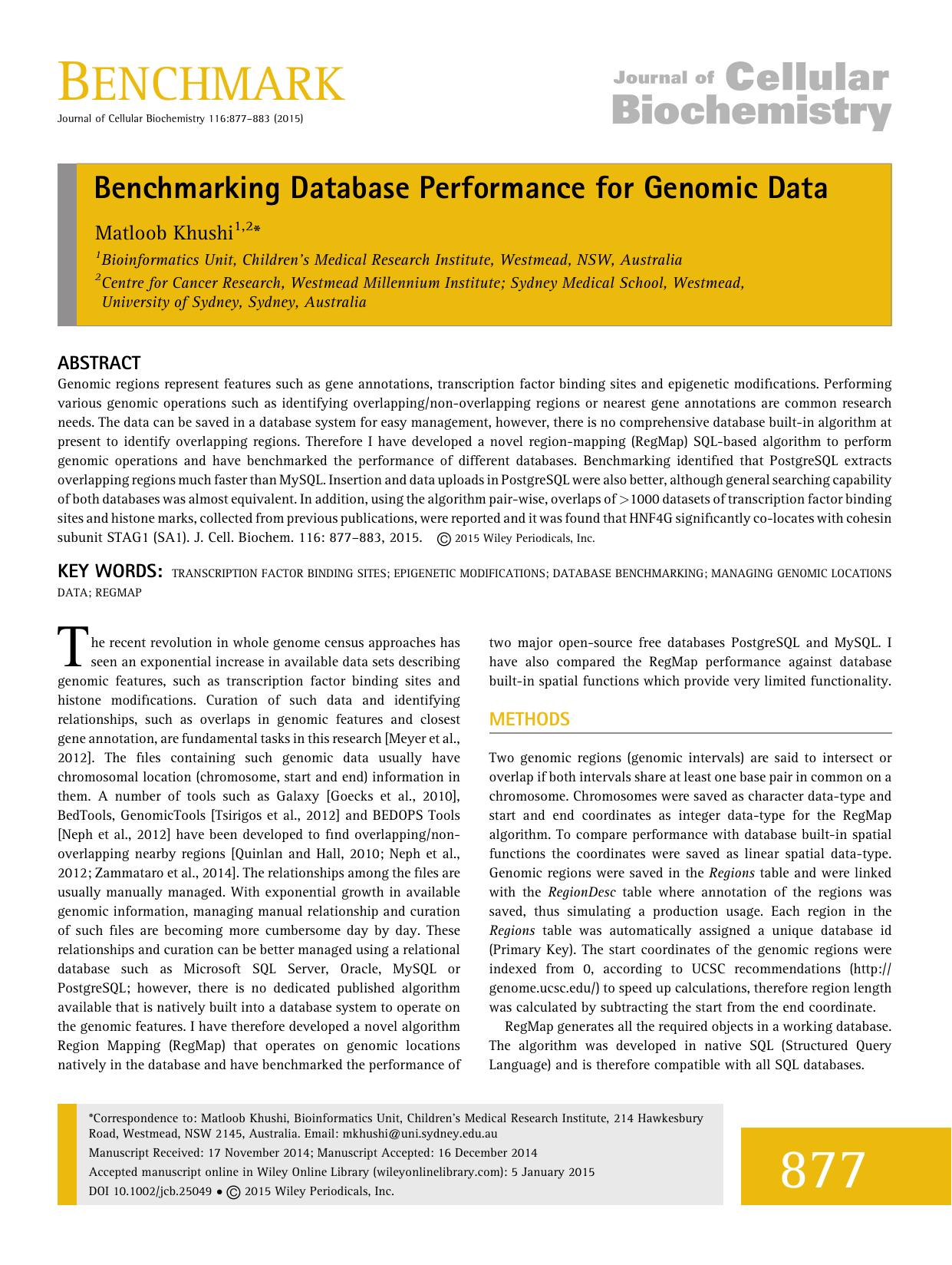 Benchmarking Database Performance for Genomic Data by Unknown