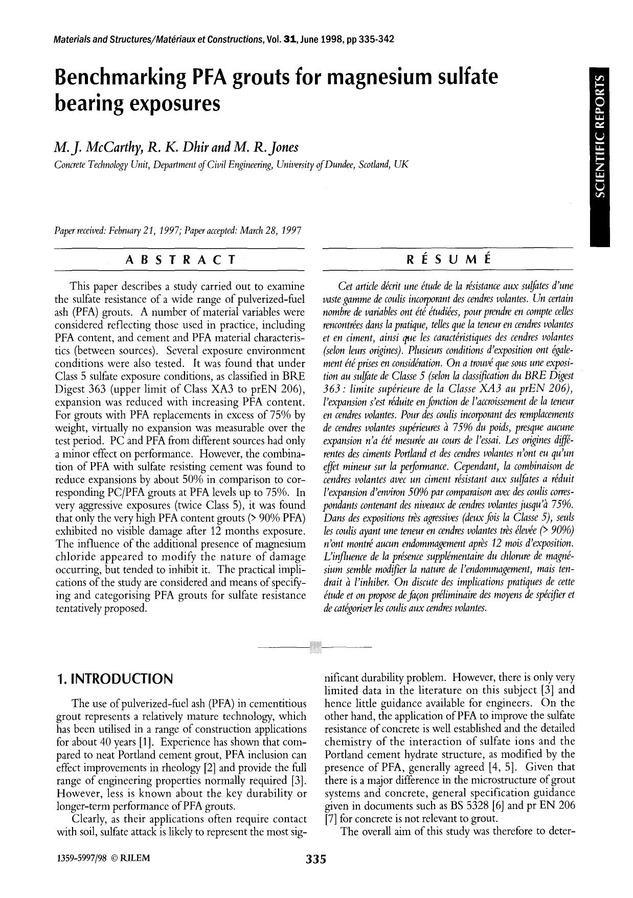 Benchmarking PFA grouts for magnesium sulfate bearing exposures by Unknown