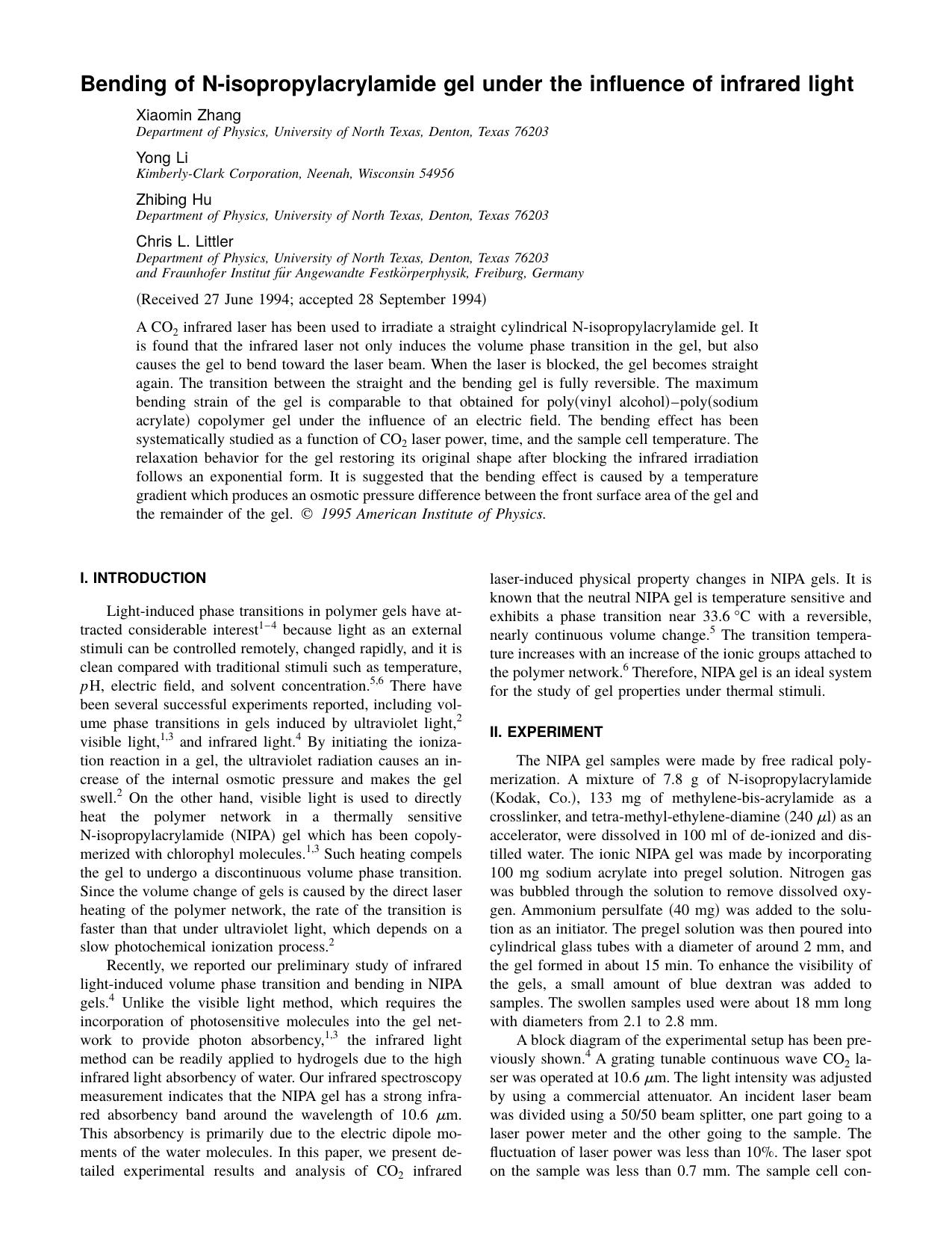 Bending of N-Isopropylacrylamide gel under the influence of infrared light by Xiaomin Zhang & Yong Li & Zhibing Hu & and Chris