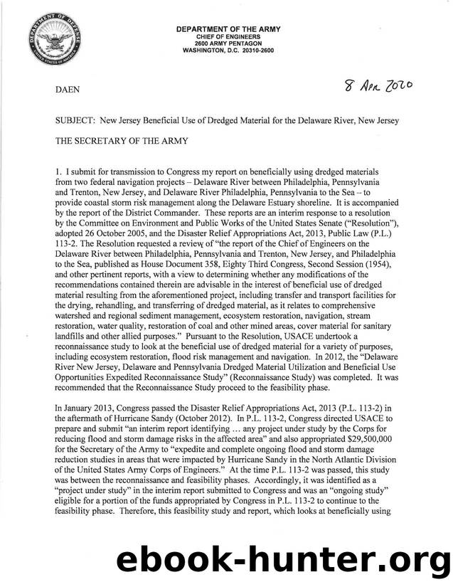 Beneficial Use of Dredged Material for the Delaware River, New Jersey Signed Chief's Report by Unknown