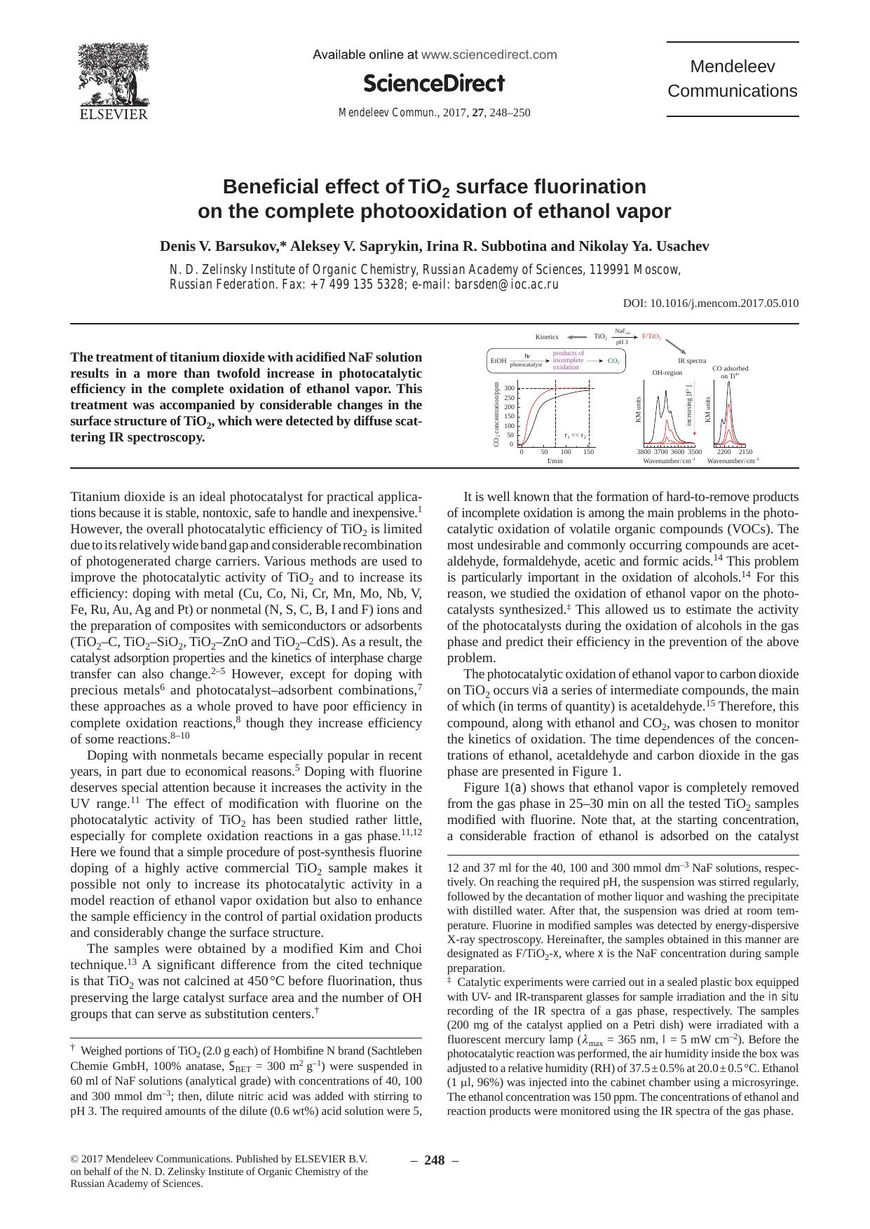 Beneficial effect of TiO2 surface fluorination on the complete photooxidation of ethanol vapor by Denis V. Barsukov & Aleksey V. Saprykin & Irina R. Subbotina & Nikolay Ya. Usachev