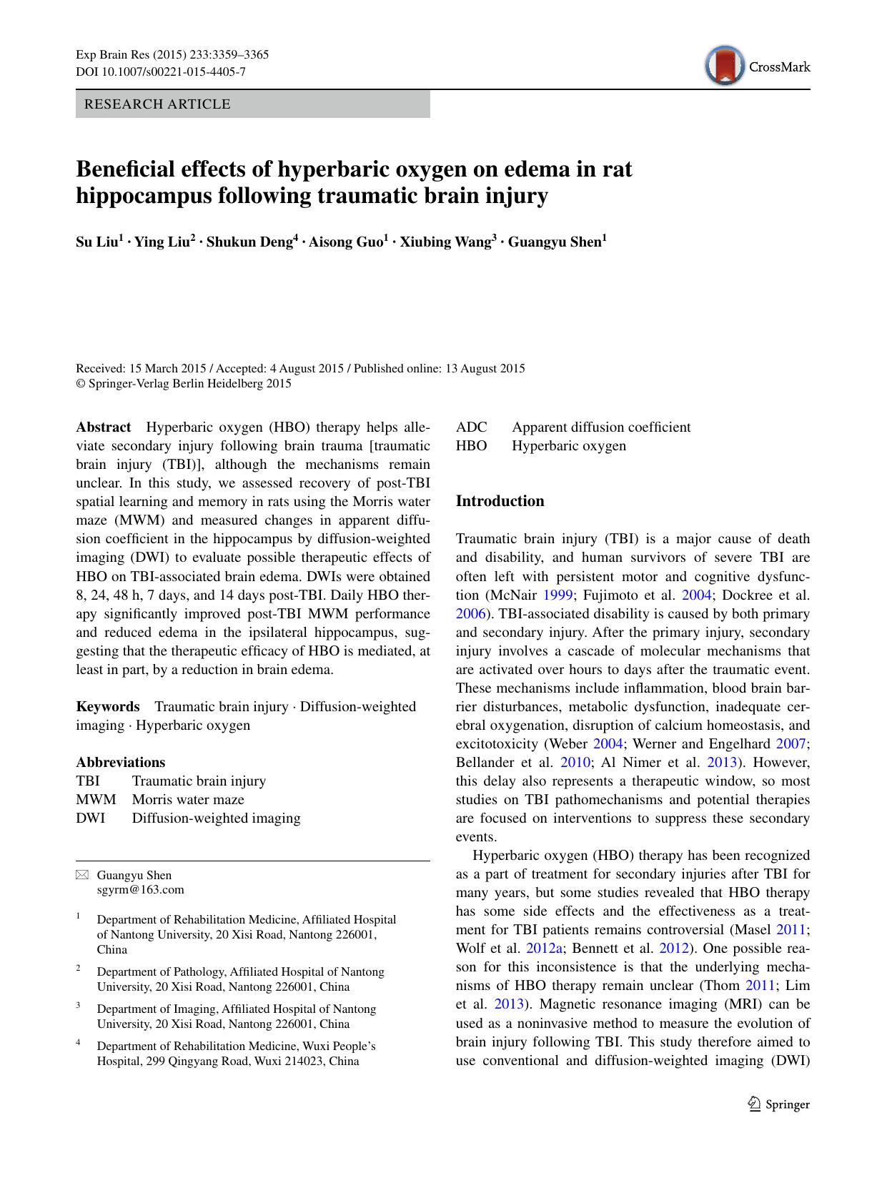 Beneficial effects of hyperbaric oxygen on edema in rat hippocampus following traumatic brain injury by Su Liu & Ying Liu & Shukun Deng & Aisong Guo & Xiubing Wang & Guangyu Shen