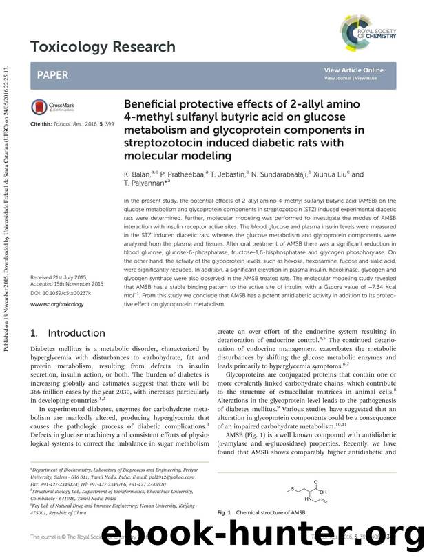 Beneficial protective effects of 2-allyl amino 4-methyl sulfanyl butyric acid on glucose metabolism and glycoprotein components in streptozotocin induced diabetic rats with molecular modeling by K. Balan P. Pratheebaa T. Jebastin N. Sundarabaalaji Xiuhua Liu T. Palvannan