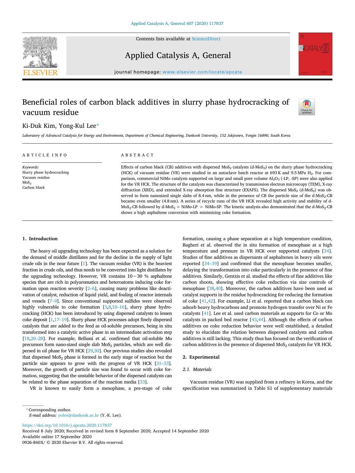 Beneficial roles of carbon black additives in slurry phase hydrocracking of vacuum residue by Ki-Duk Kim & Yong-Kul Lee
