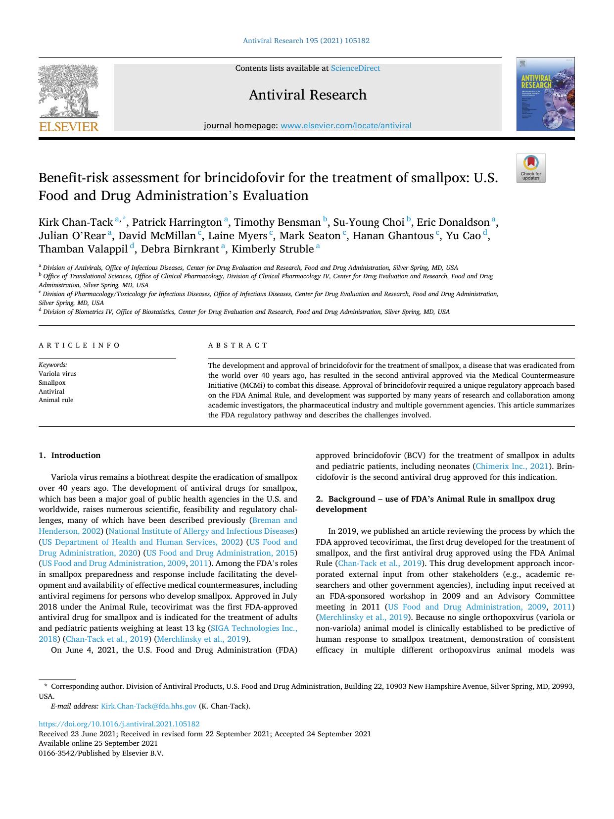 Benefit-risk assessment for brincidofovir for the treatment of smallpox: U.S. Food and Drug Administration's Evaluation by unknow