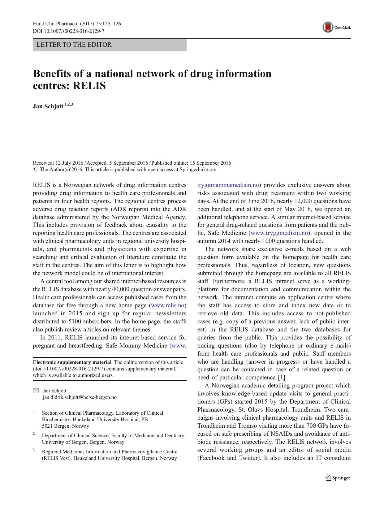 Benefits of a national network of drug information centres: RELIS by Jan Schjøtt