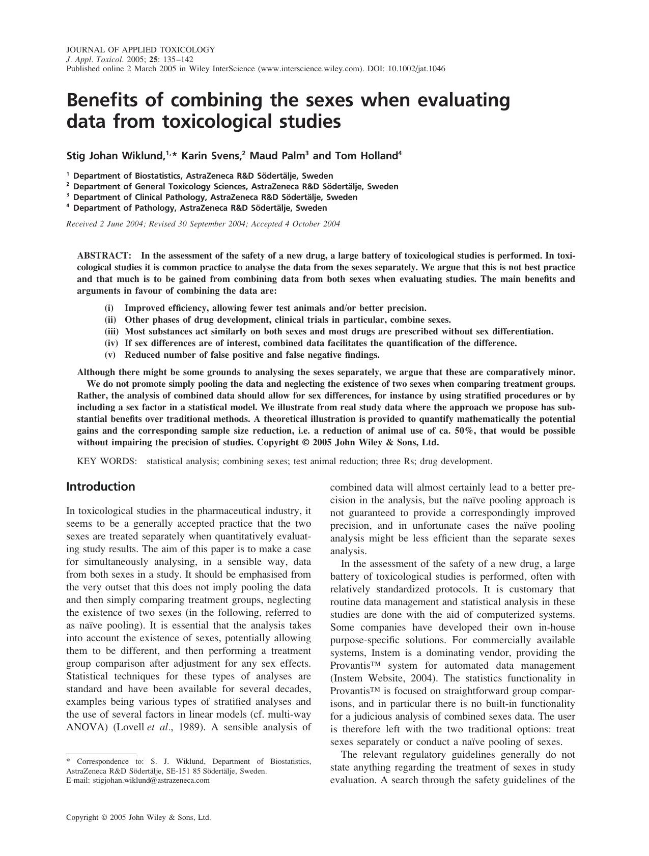 Benefits of combining the sexes when evaluating data from toxicological studies by Fuht