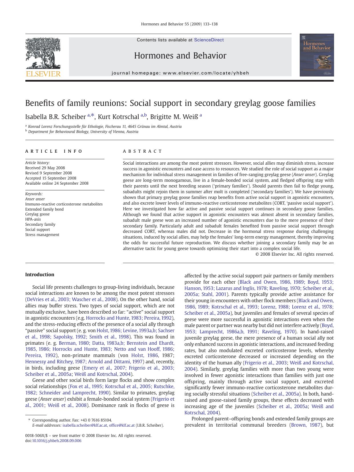 Benefits of family reunions: Social support in secondary greylag goose families by Isabella B.R. Scheiber; Kurt Kotrschal; Brigitte M. Weiß