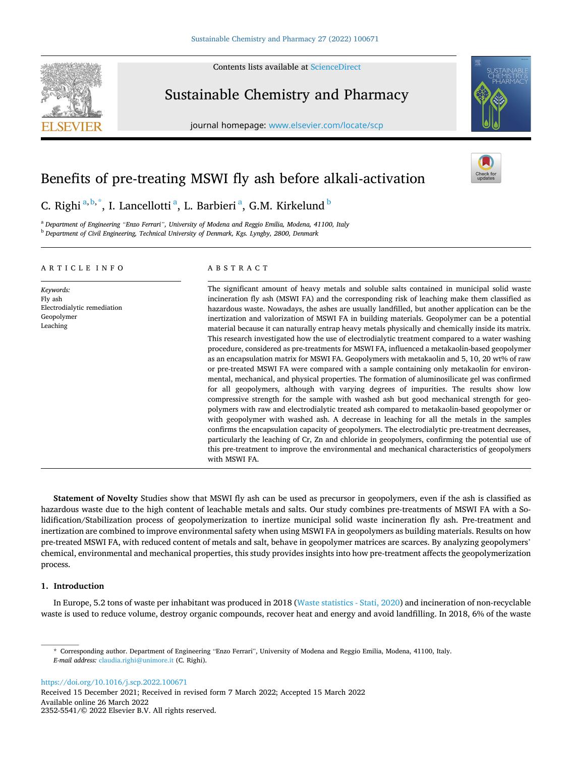 Benefits of pre-treating MSWI fly ash before alkali-activation by C. Righi & I. Lancellotti & L. Barbieri & G.M. Kirkelund