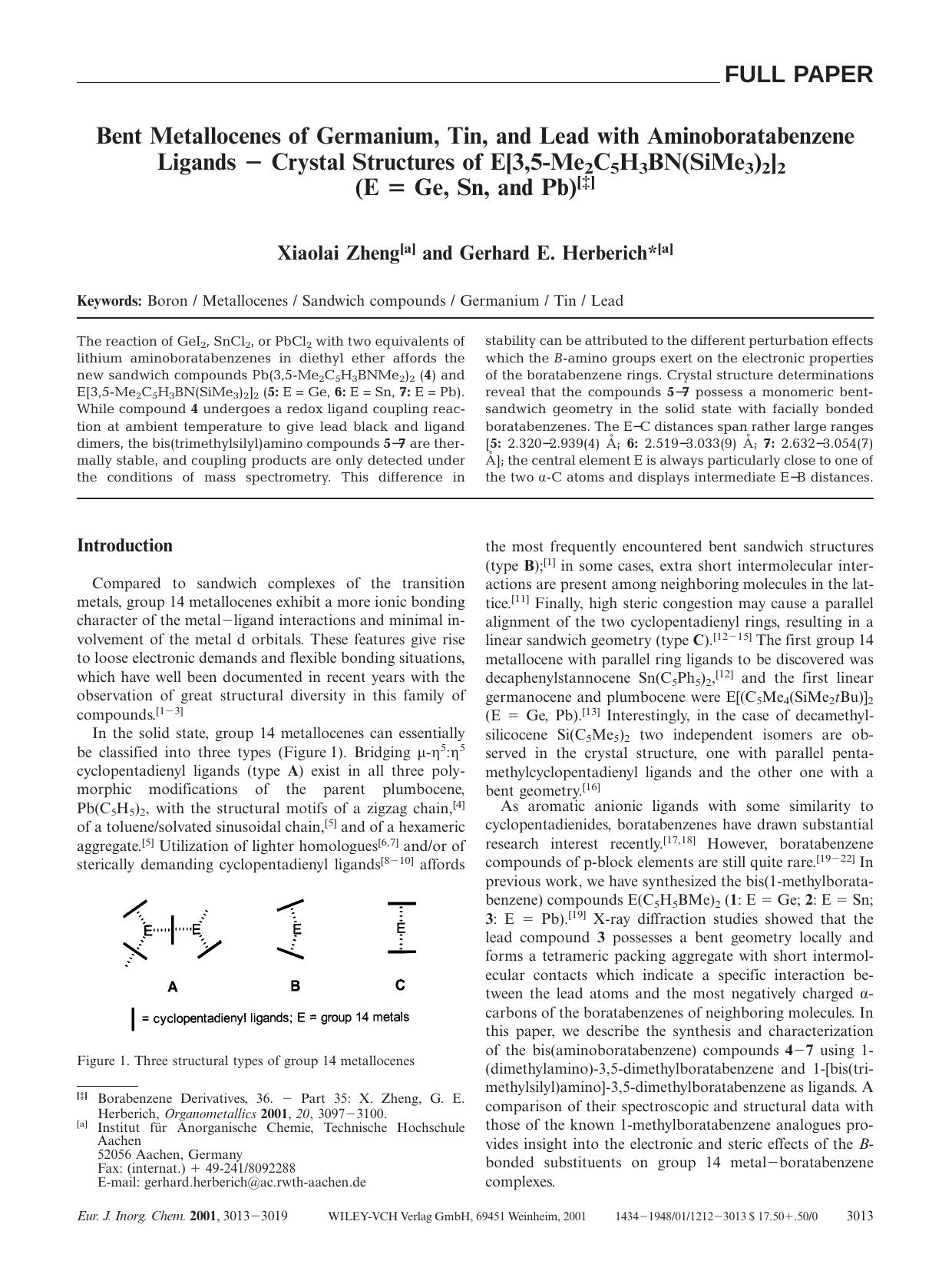 Bent Metallocenes of Germanium, Tin, and Lead with Aminoboratabenzene Ligands - Crystal Structures of E[3,5-Me2C5H3BN(SiMe3)2]2 (E = Ge, Sn, and Pb) by Unknown