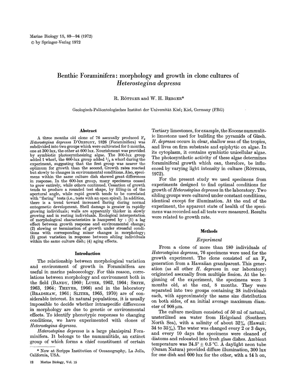Benthic Foraminifera: morphology and growth in clone cultures of <Emphasis Type="Italic">Heterostegina depressa<Emphasis> by Unknown