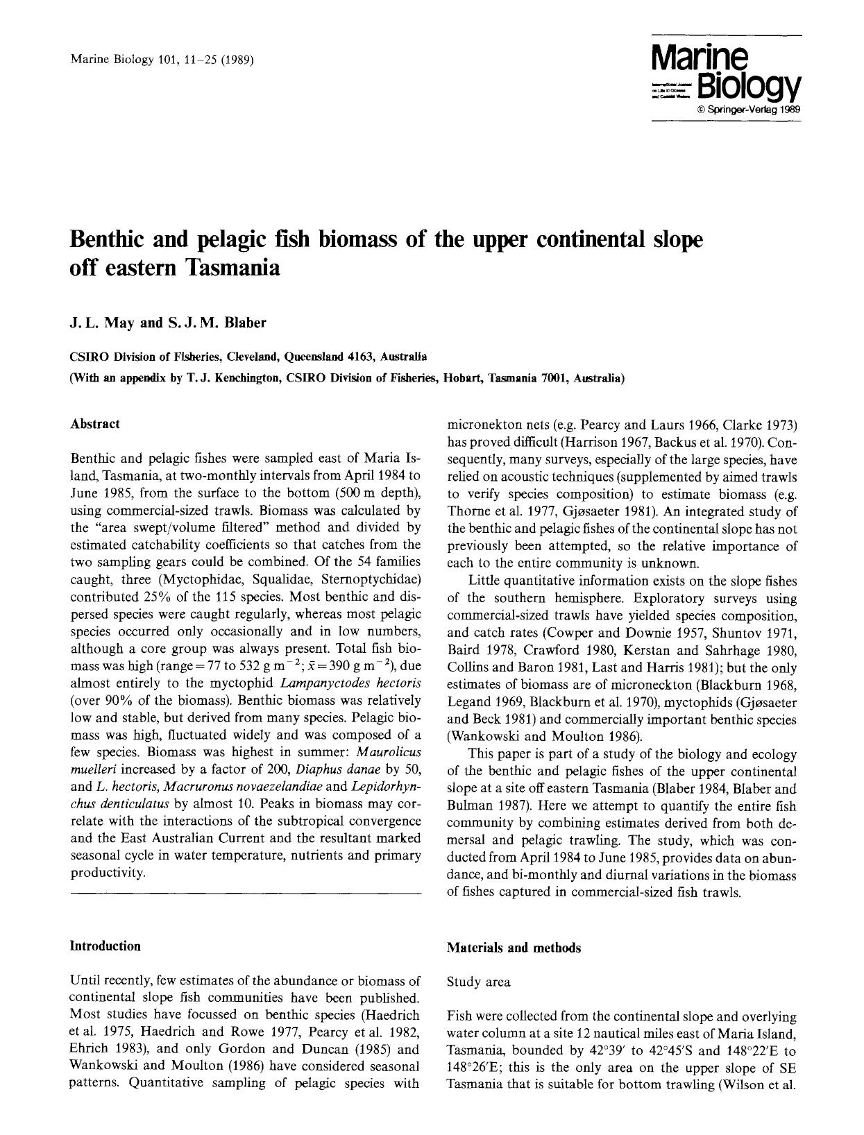 Benthic and pelagic fish biomass of the upper continental slope off eastern Tasmania by Unknown
