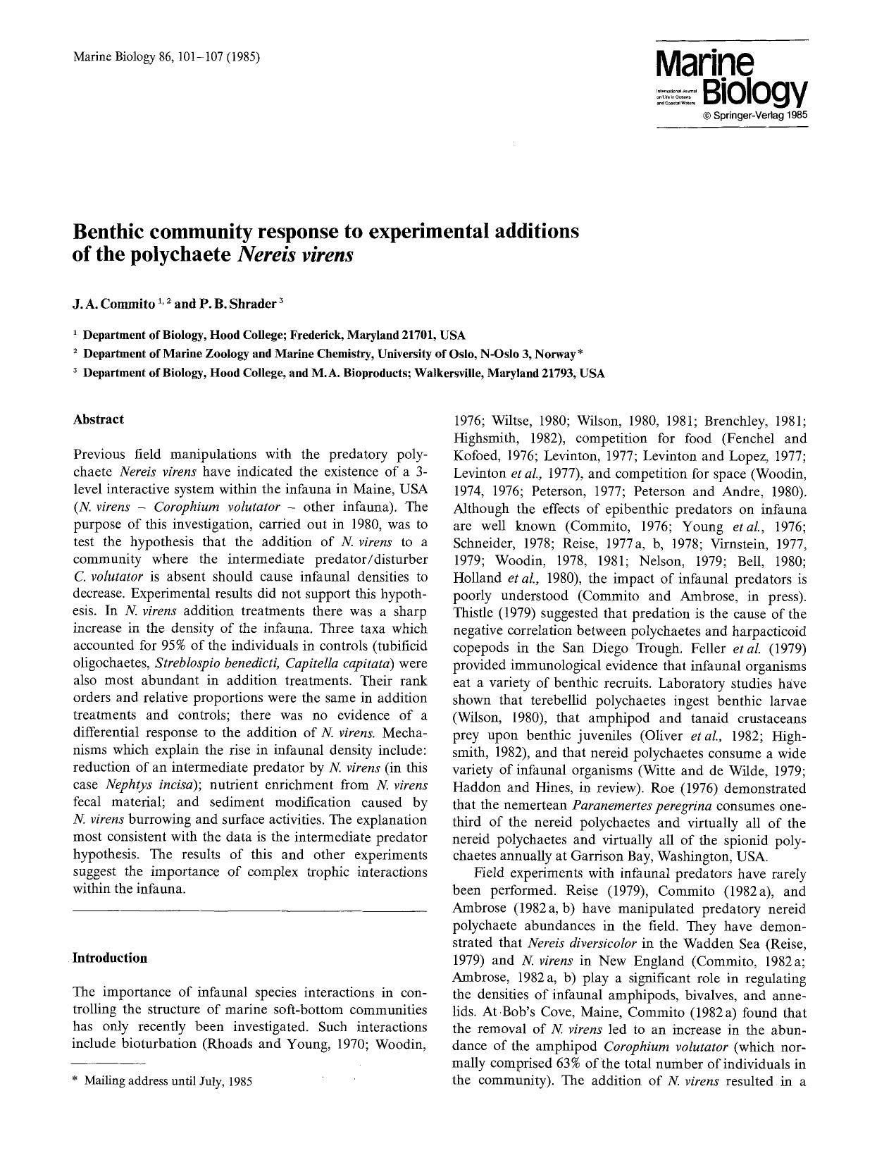 Benthic community response to experimental additions of the polychaete <Emphasis Type="Italic">Nereis virens<Emphasis> by Unknown