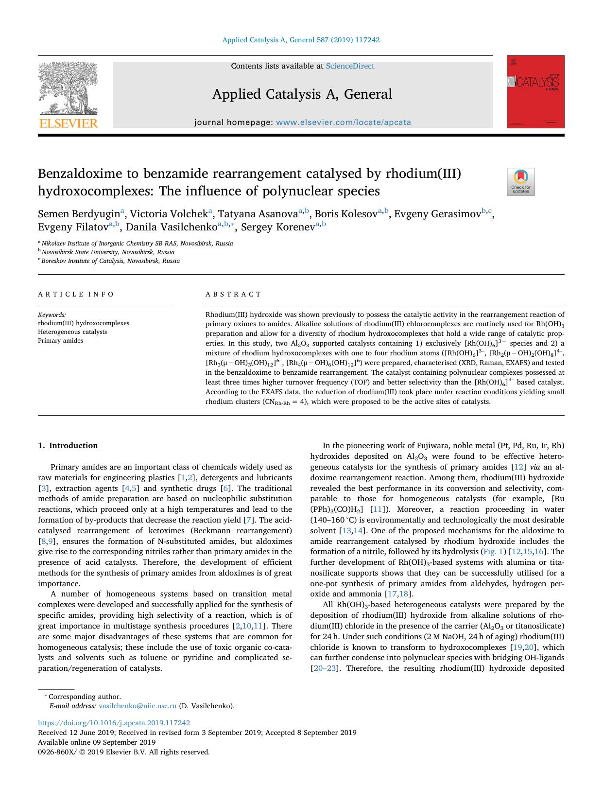 Benzaldoxime to benzamide rearrangement catalysed by rhodium(III) hydroxocomplexes_ The influence of polynuclear species by unknow