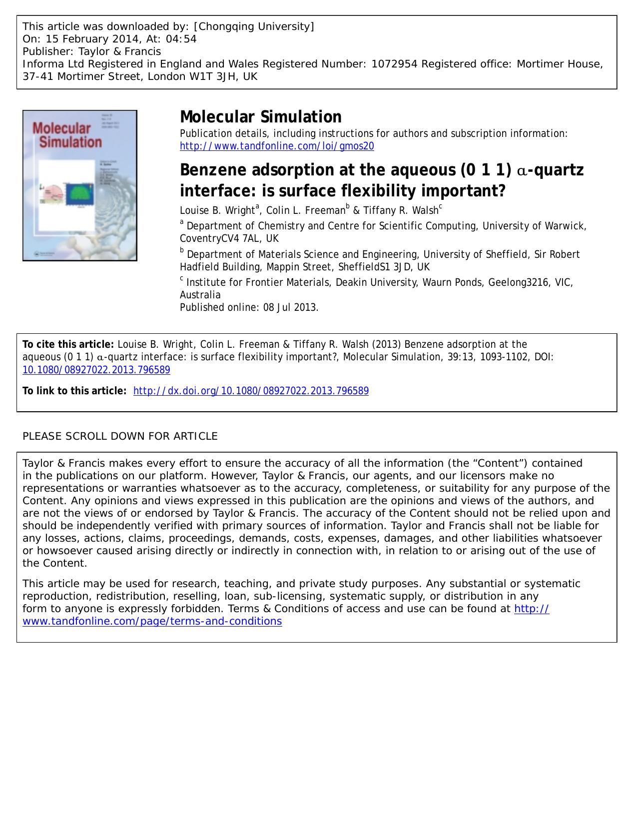 Benzene adsorption at the aqueous (0Â 1Â 1) Î±-quartz interface: is surface flexibility important? by Louise B. Wright & Colin L. Freeman & Tiffany R. Walsh