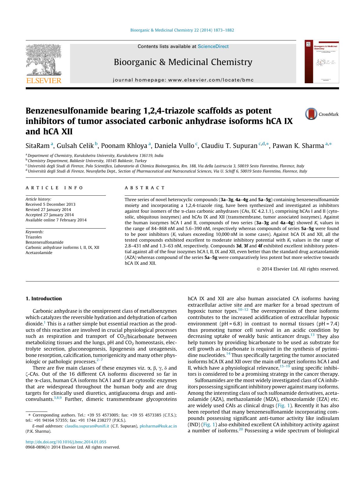 Benzenesulfonamide bearing 1,2,4-triazole scaffolds as potent inhibitors of tumor associated carbonic anhydrase isoforms hCA IX and hCA XII by SitaRam & Gulsah Celik & Poonam Khloya & Daniela Vullo & Claudiu T. Supuran & Pawan K. Sharma