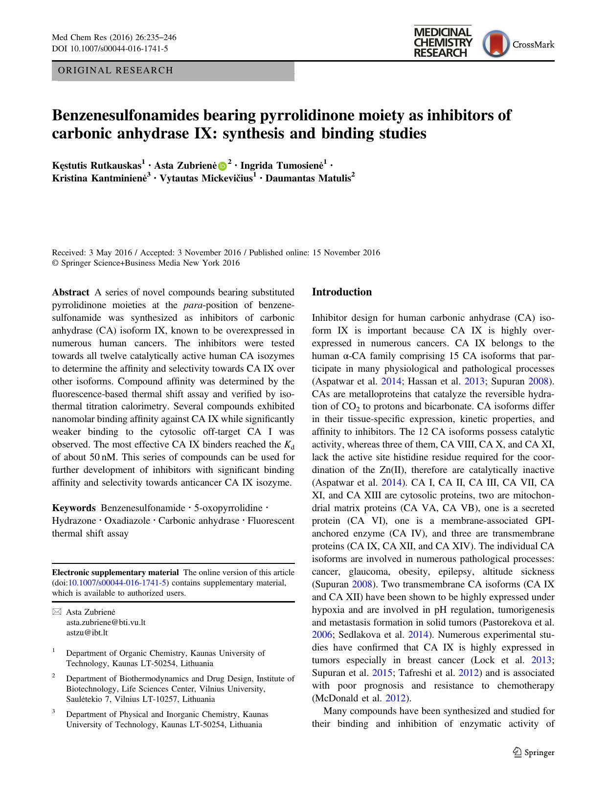 Benzenesulfonamides bearing pyrrolidinone moiety as inhibitors of carbonic anhydrase IX: synthesis and binding studies by unknow