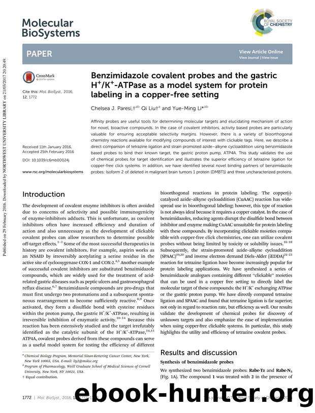 Benzimidazole covalent probes and the gastric H+K+-ATPase as a model system for protein labeling in a copper-free setting by Chelsea J. Paresi & Qi Liu & Yue-Ming Li