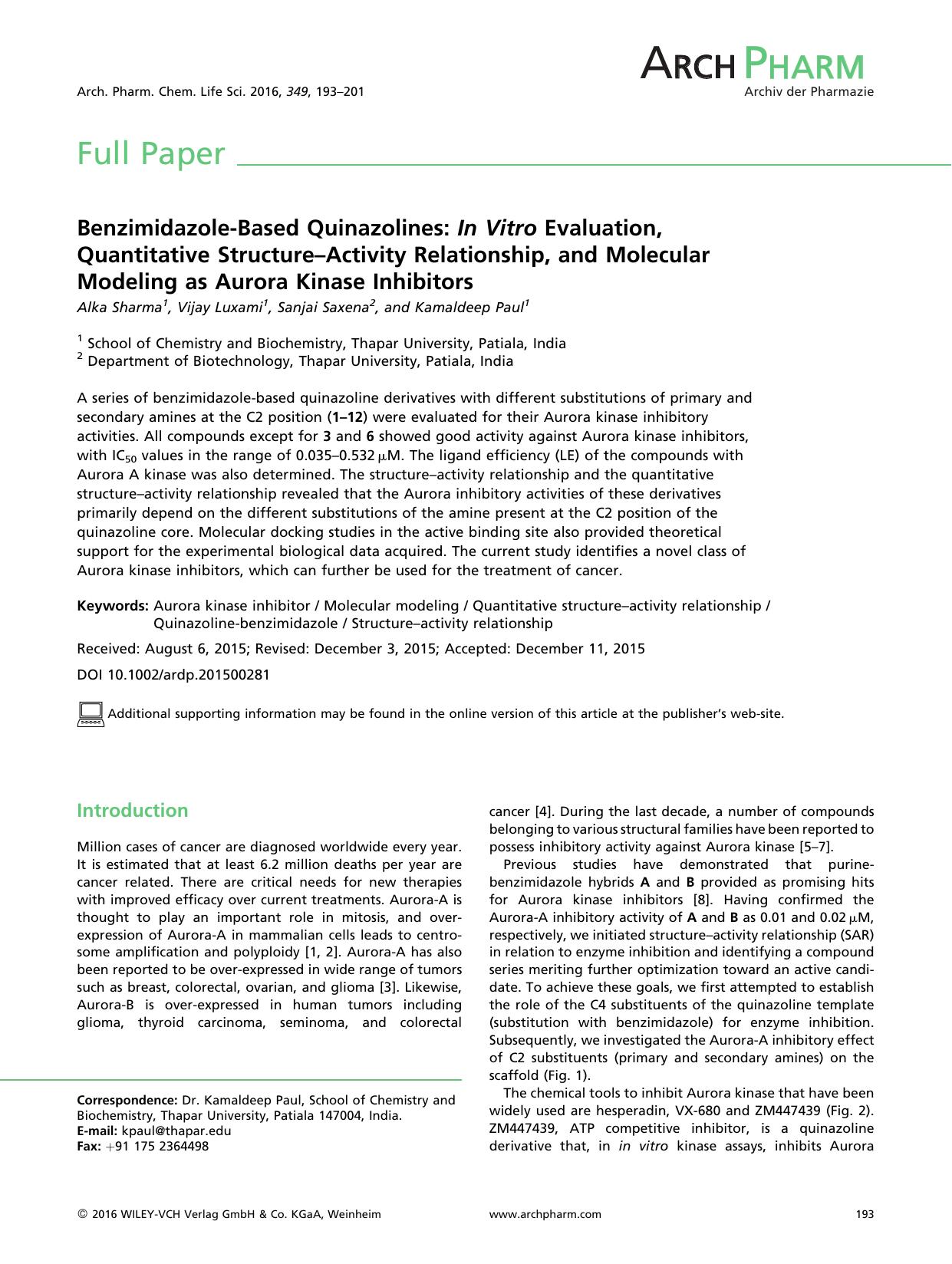 Benzimidazole-Based Quinazolines: In Vitro Evaluation, Quantitative Structure-Activity Relationship, and Molecular Modeling as Aurora Kinase Inhibitors by Unknown