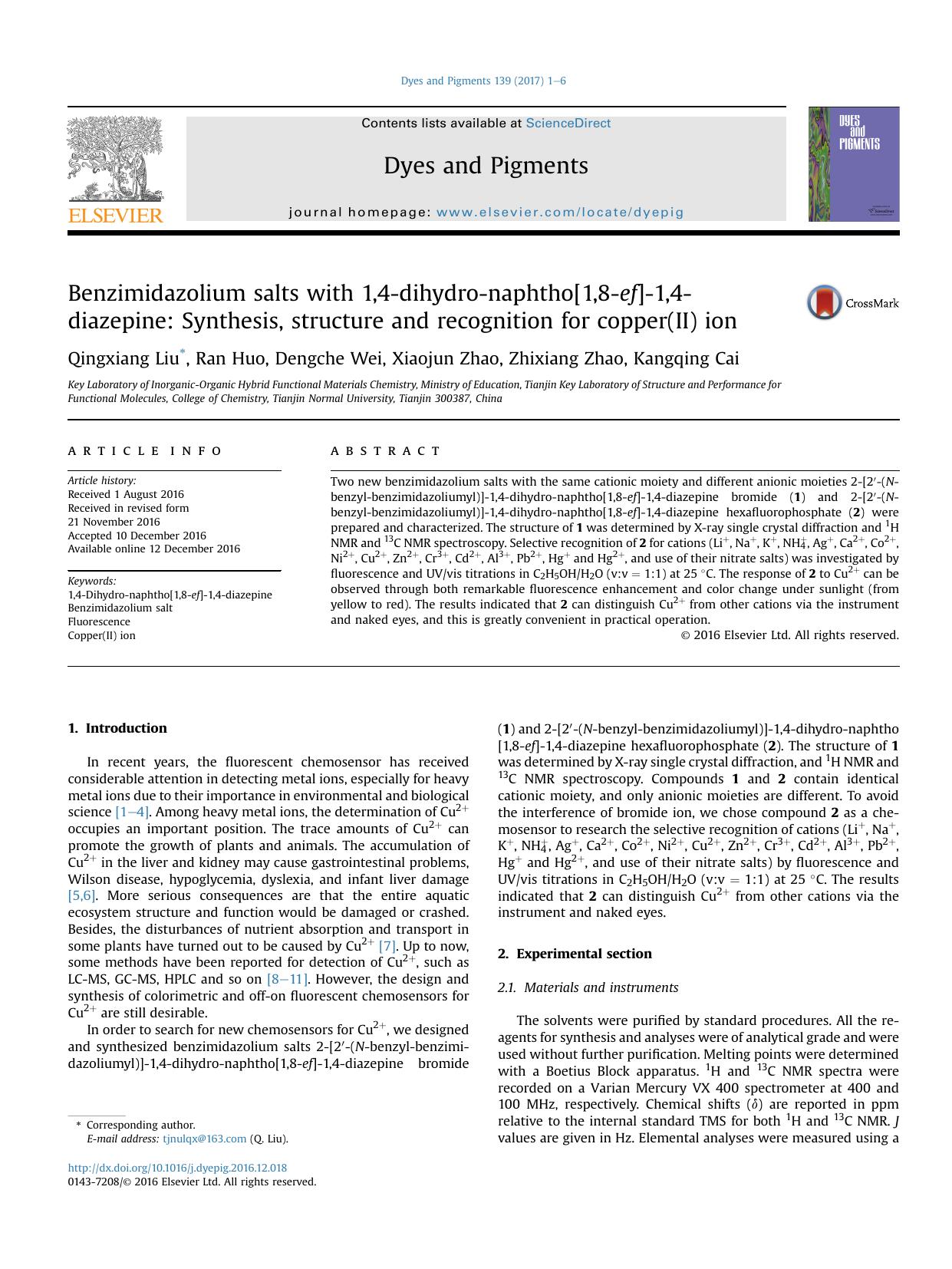 Benzimidazolium salts with 1,4-dihydro-naphtho[1,8-ef]-1,4-diazepine: Synthesis, structure and recognition for copper(II) ion by Qingxiang Liu & Ran Huo & Dengche Wei & Xiaojun Zhao & Zhixiang Zhao & Kangqing Cai