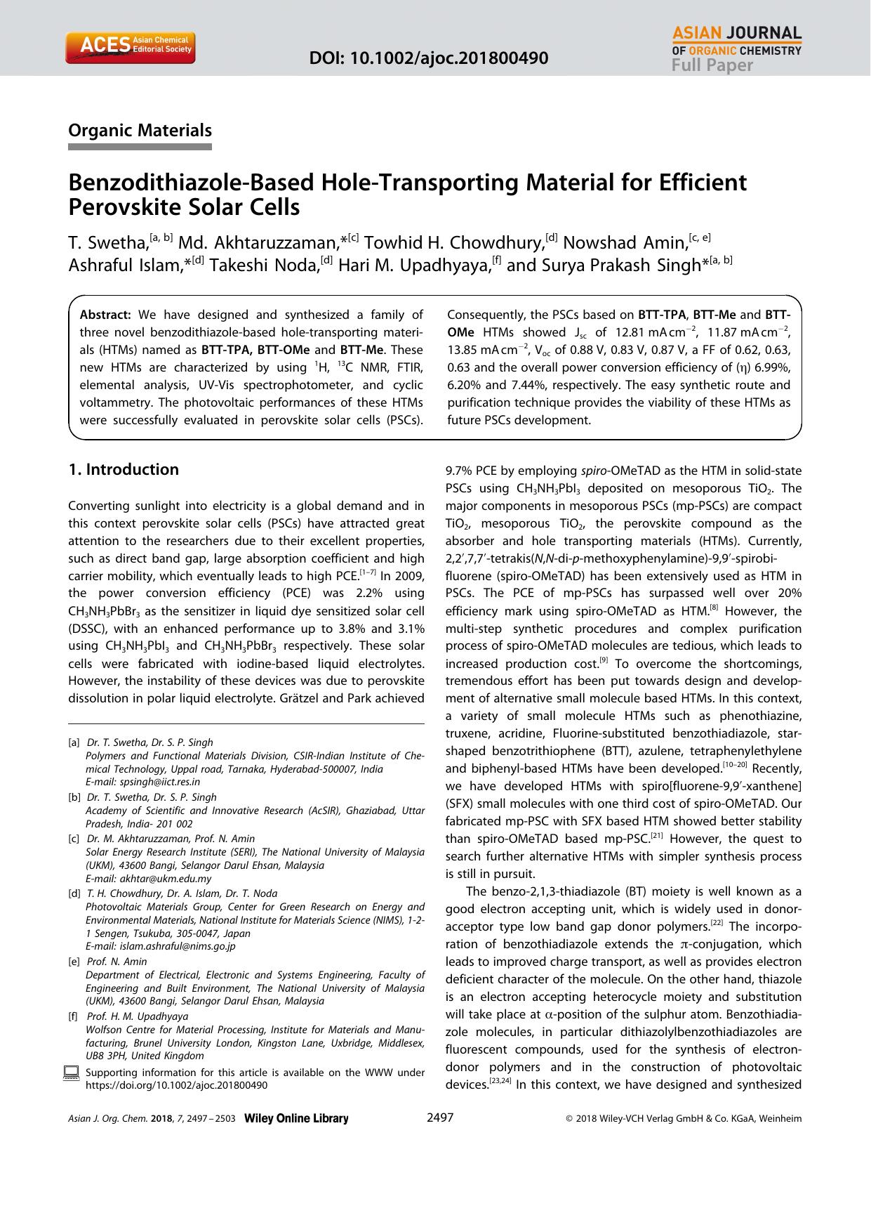 BenzodithiazoleâBased HoleâTransporting Material for Efficient Perovskite Solar Cells by Unknown