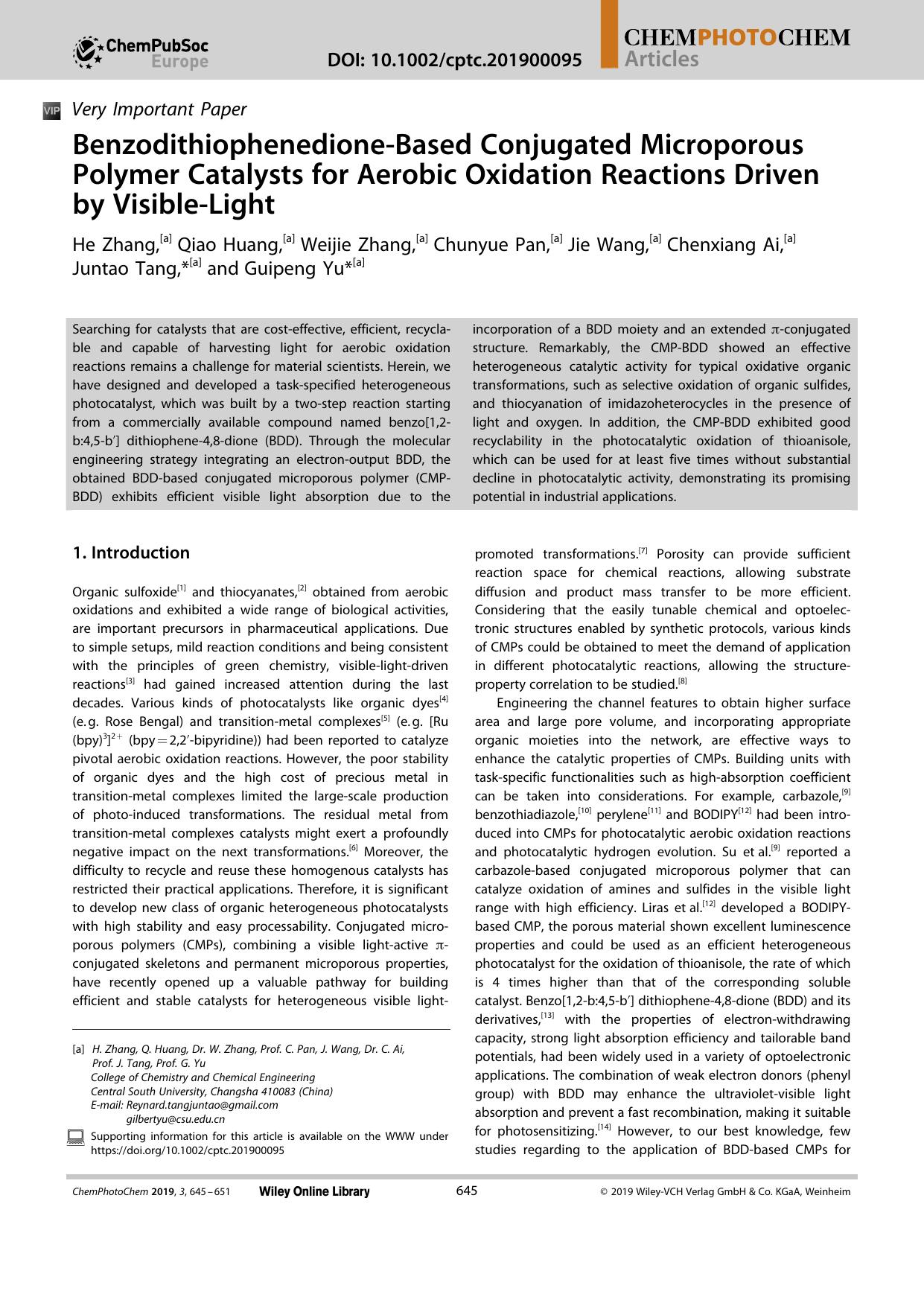 BenzodithiophenedioneâBased Conjugated Microporous Polymer Catalysts for Aerobic Oxidation Reactions Driven by VisibleâLight by Unknown