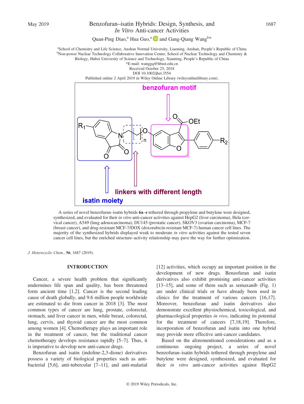 Benzofuranâisatin Hybrids: Design, Synthesis, and In Vitro Anti-cancer Activities by Quan-Ping Diao Hua Guo Gang-Qiang Wang
