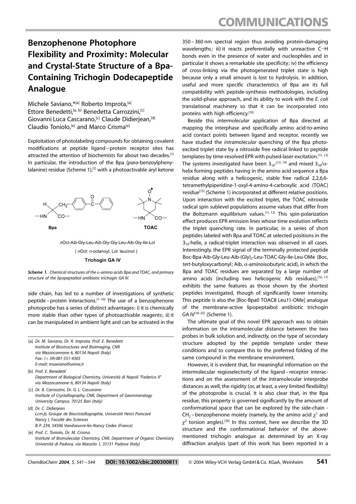 Benzophenone Photophore Flexibility and Proximity: Molecular and Crystal-State Structure of a Bpa-Containing Trichogin Dodecapeptide Analogue by Unknown