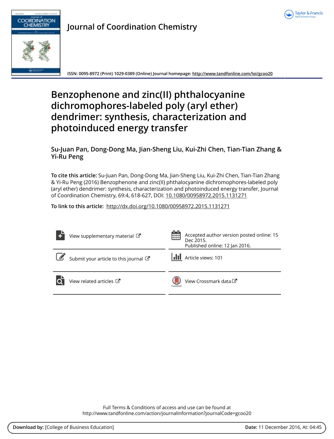 Benzophenone and zinc(II) phthalocyanine dichromophores-labeled poly (aryl ether) dendrimer: synthesis, characterization and photoinduced energy transfer by Su-Juan Pan & Dong-Dong Ma & Jian-Sheng Liu & Kui-Zhi Chen & Tian-Tian Zhang & Yi-Ru Peng
