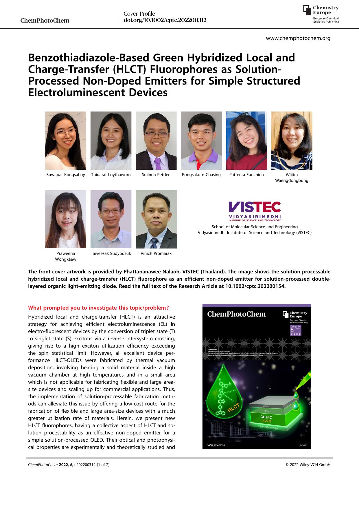 BenzothiadiazoleâBased Green Hybridized Local and ChargeâTransfer (HLCT) Fluorophores as SolutionâProcessed NonâDoped Emitters for Simple Structured Electroluminescent Devices by Unknown