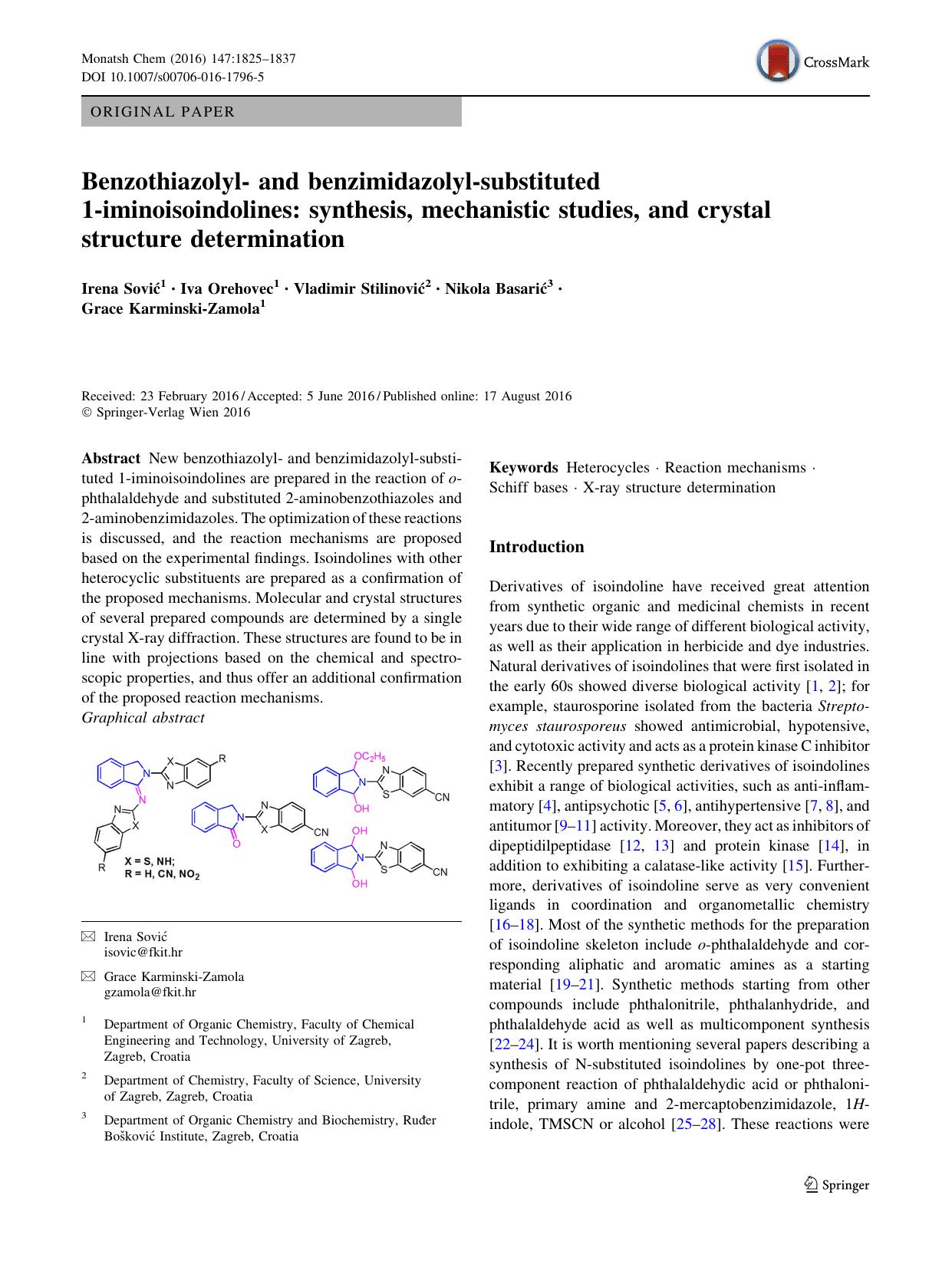 Benzothiazolyl- and benzimidazolyl-substituted 1-iminoisoindolines: synthesis, mechanistic studies, and crystal structure determination by Irena Sović & Iva Orehovec & Vladimir Stilinović & Nikola Basarić & Grace Karminski-Zamola
