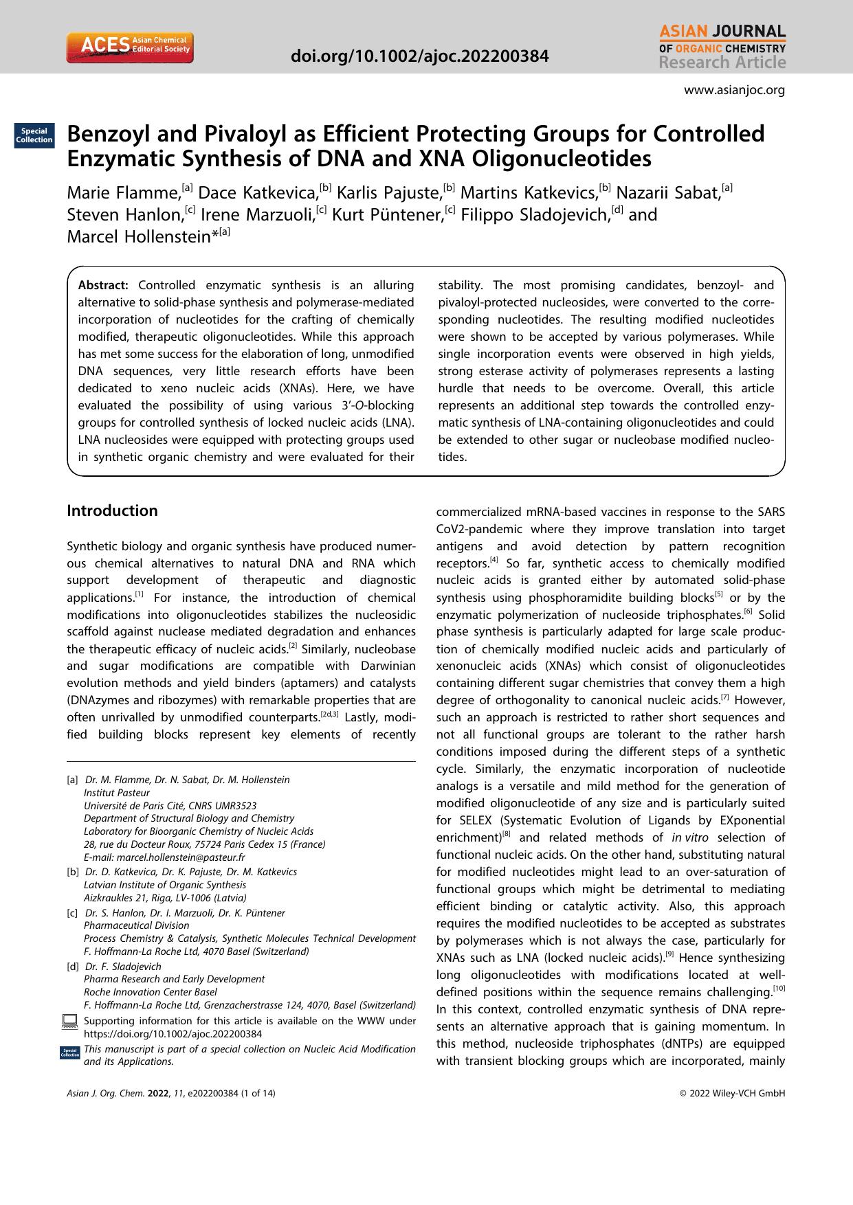Benzoyl and Pivaloyl as Efficient Protecting Groups for Controlled Enzymatic Synthesis of DNA and XNA Oligonucleotides by Unknown