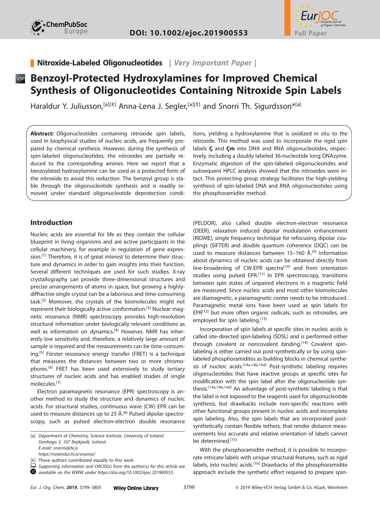 Benzoyl&#x02010;Protected Hydroxylamines for Improved Chemical Synthesis of Oligonucleotides Containing Nitroxide Spin Labels by Unknown