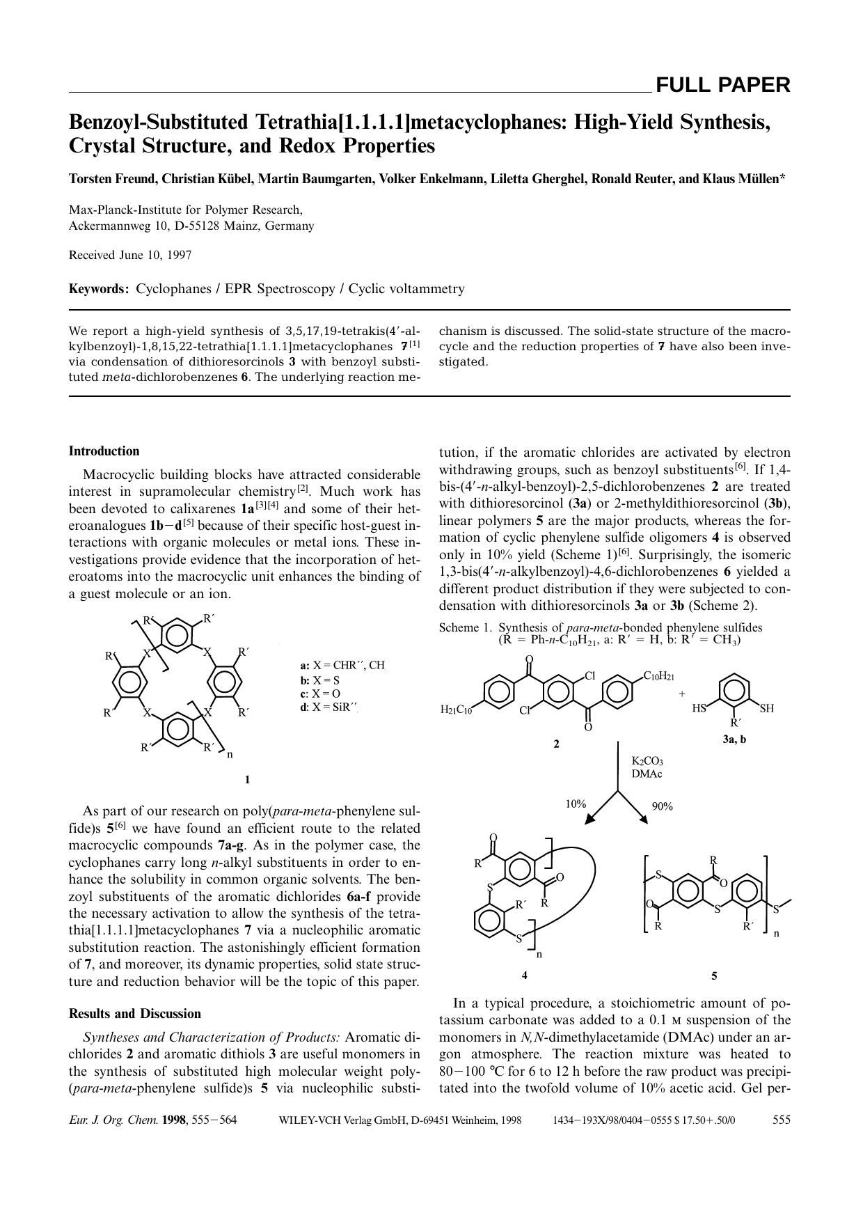 Benzoyl-Substituted Tetrathia[1.1.1.1]metacyclophanes: High-Yield Synthesis, Crystal Structure, and Redox Properties by Unknown