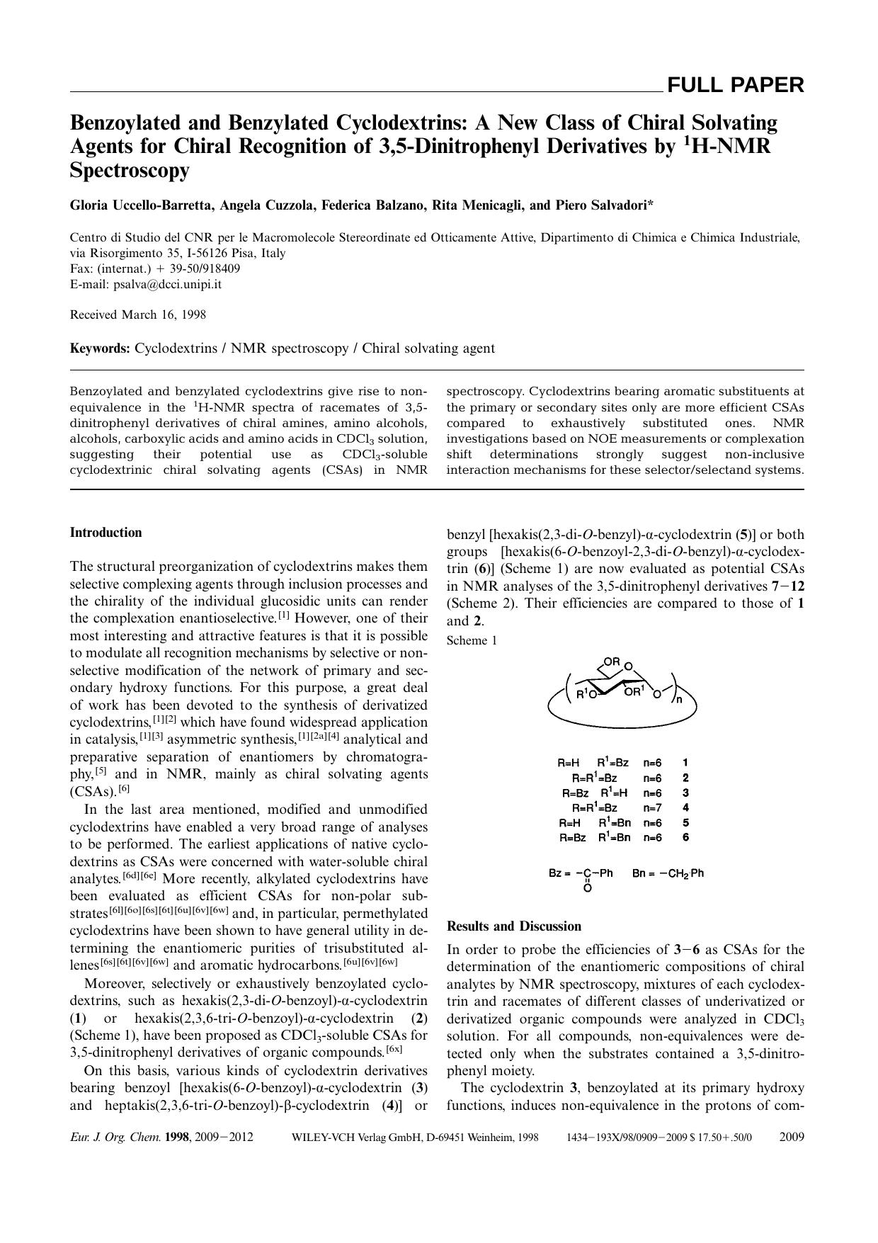 Benzoylated and Benzylated Cyclodextrins: A New Class of Chiral Solvating Agents for Chiral Recognition of 3,5-Dinitrophenyl Derivatives by 1H-NMR Spectroscopy by Unknown