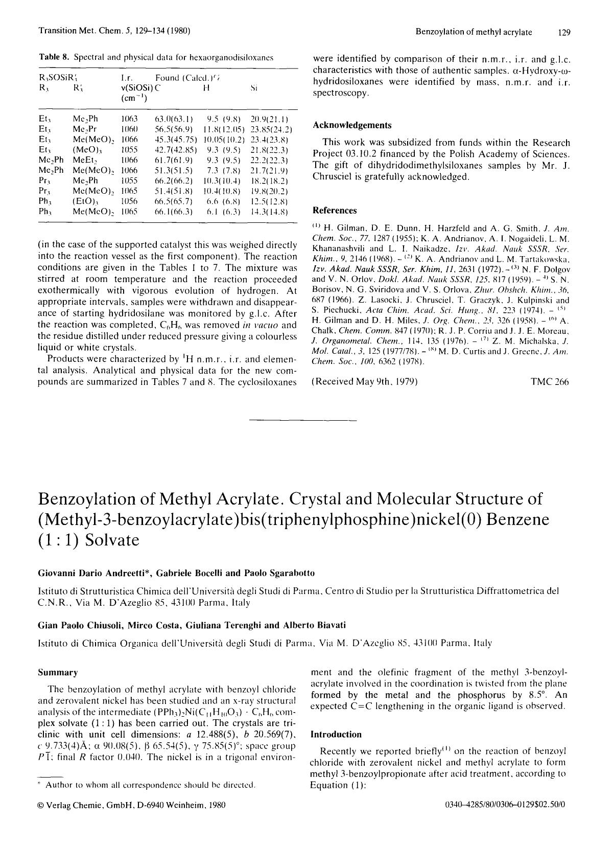 Benzoylation of methyl acrylate. Crystal and molecular structure of (methyl-3-benzoylacrylate)bis(triphenylphosphine)nickel(0)benzene (1:1) solvate by Unknown