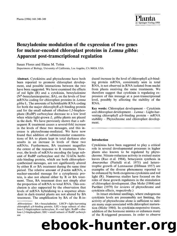 Benzyladenine modulation of the expression of two genes for nuclear-encoded chloroplast proteins in <Emphasis Type="Italic">Lemna gibba<Emphasis>: Apparent post-transcriptional regulation by Unknown