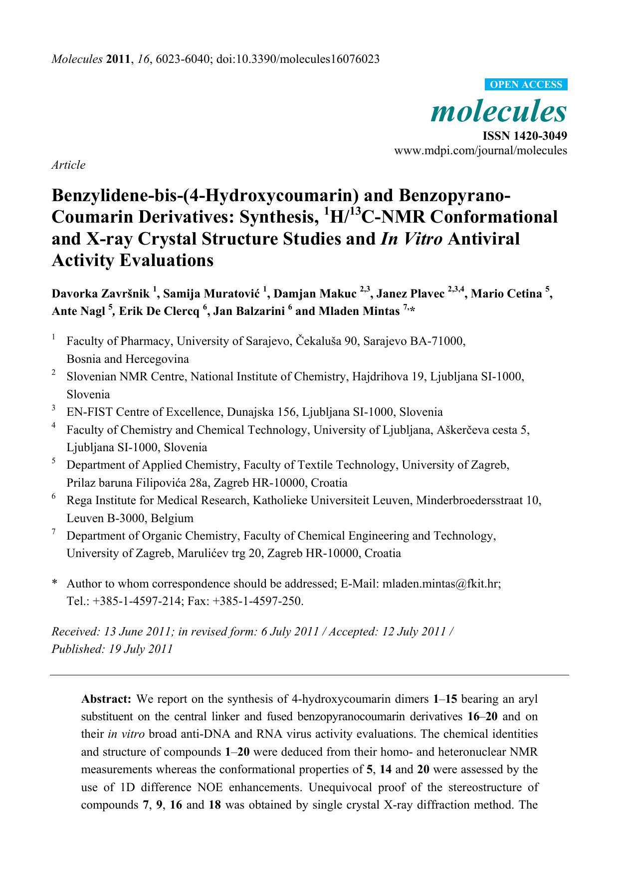 Benzylidene-bis-(4-Hydroxycoumarin) and Benzopyrano-Coumarin Derivatives: Synthesis, 1H13C-NMR Conformational and X-ray Crystal Structure Studies and In Vitro Antiviral Activity Evaluations by unknow