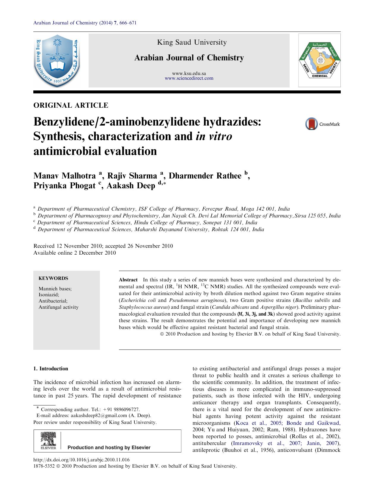 Benzylidene2-aminobenzylidene hydrazides: Synthesis, characterization and in vitro antimicrobial evaluation by Manav Malhotra & Rajiv Sharma & Dharmender Rathee & Priyanka Phogat & Aakash Deep
