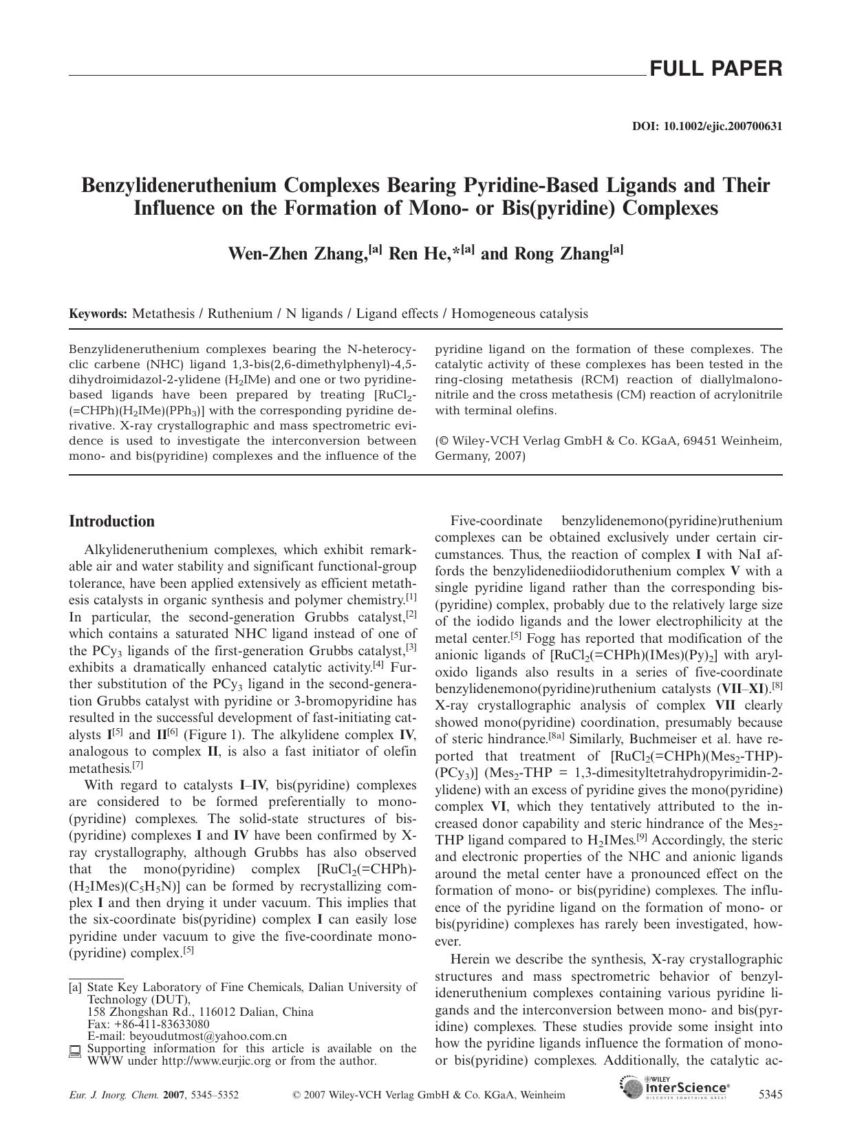 Benzylideneruthenium Complexes Bearing Pyridine-Based Ligands and Their Influence on the Formation of Mono- or Bis(pyridine) Complexes by Unknown