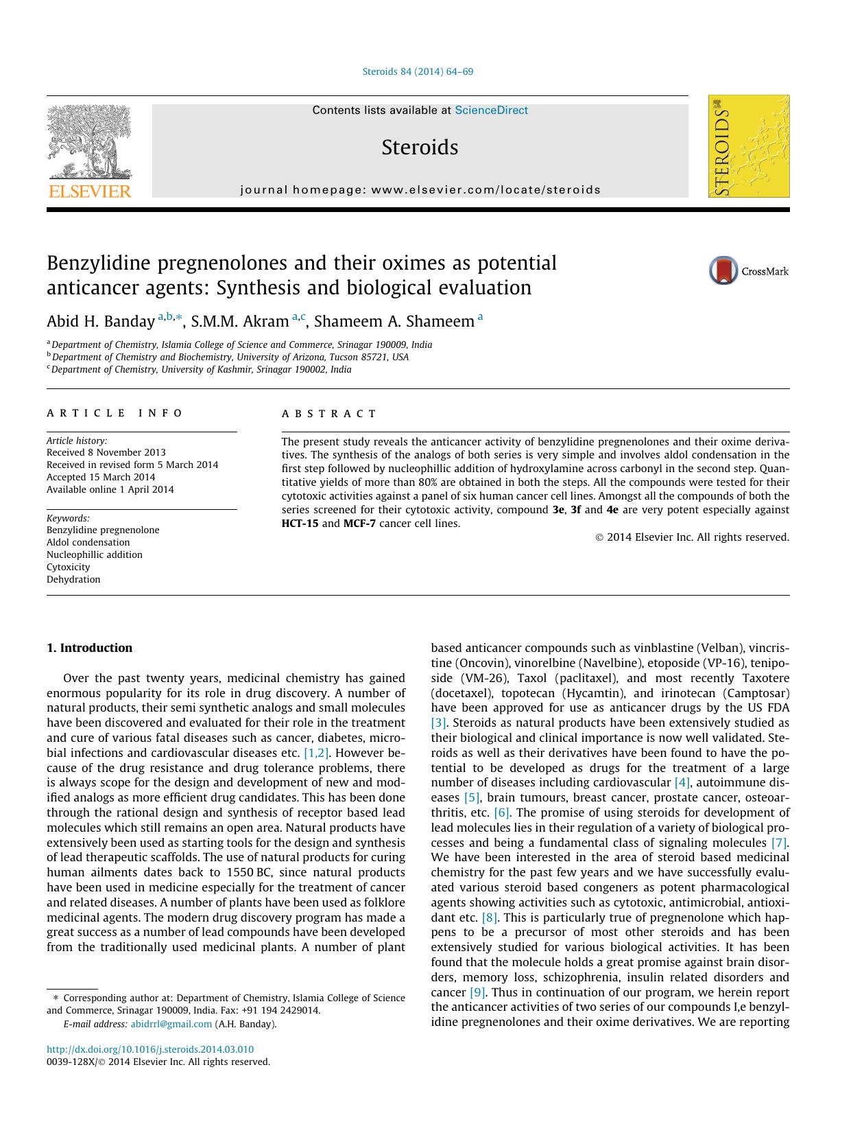 Benzylidine pregnenolones and their oximes as potential anticancer agents: Synthesis and biological evaluation by Abid H. Banday & S.M.M. Akram & Shameem A. Shameem