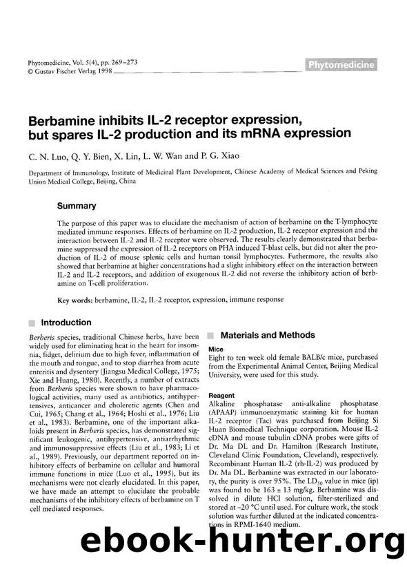 Berbamine inhibits IL-2 receptor expression, but spares IL-2 production and its mRNA expression by C.N. Luo & Q.Y. Bien & X. Lin & L.W. Wan & P.G. Xiao