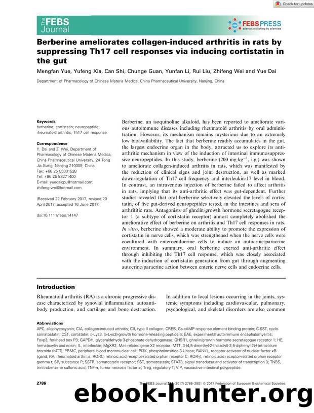 Berberine ameliorates collagenâinduced arthritis in rats by suppressing Th17 cell responses via inducing cortistatin in the gut by Unknown
