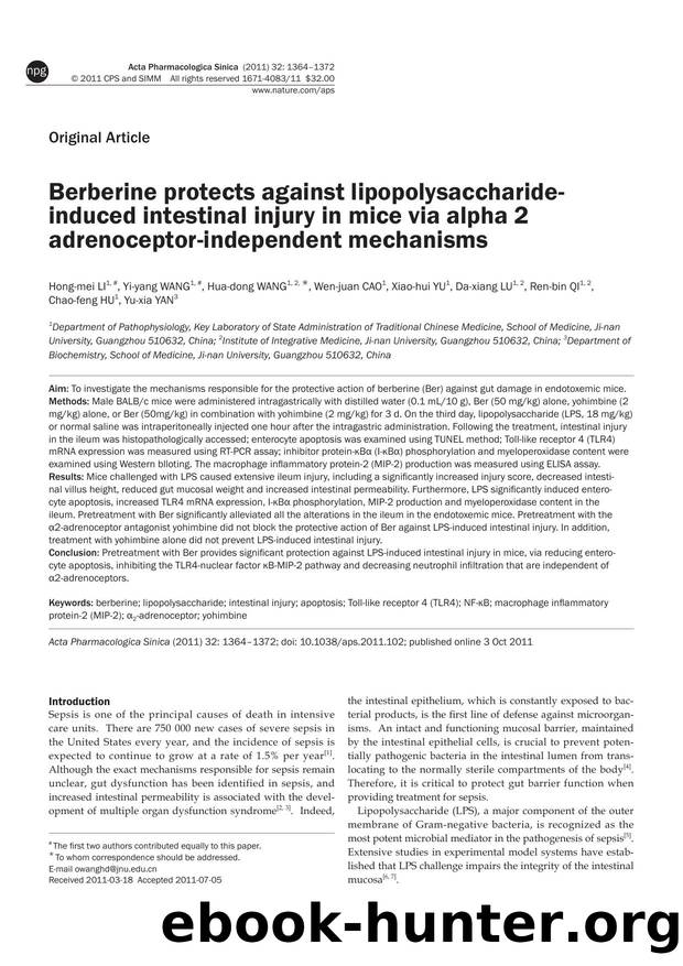 Berberine protects against lipopolysaccharide-induced intestinal injury in mice via alpha 2 adrenoceptor-independent mechanisms by unknow