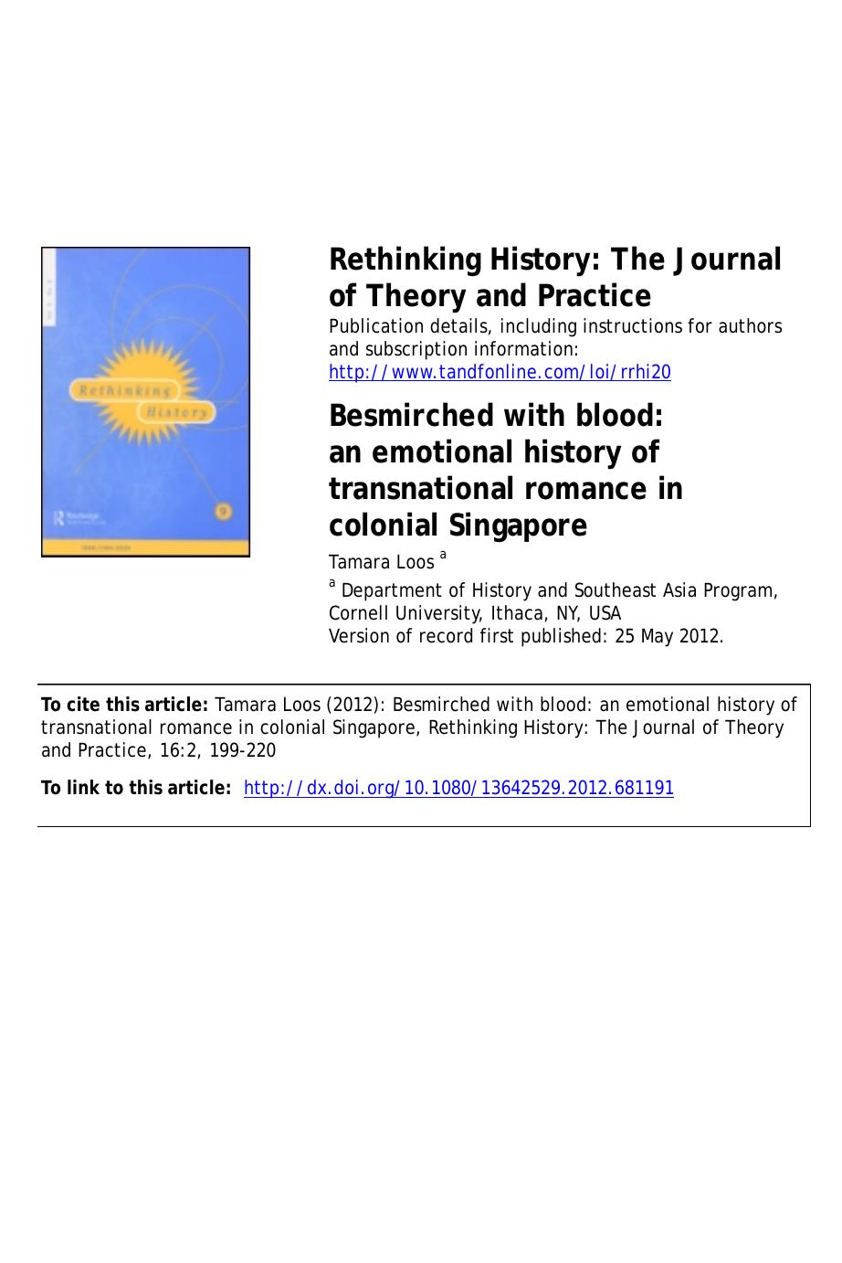 Besmirched with blood: an emotional history of transnational romance in colonial Singapore by Tamara Loos