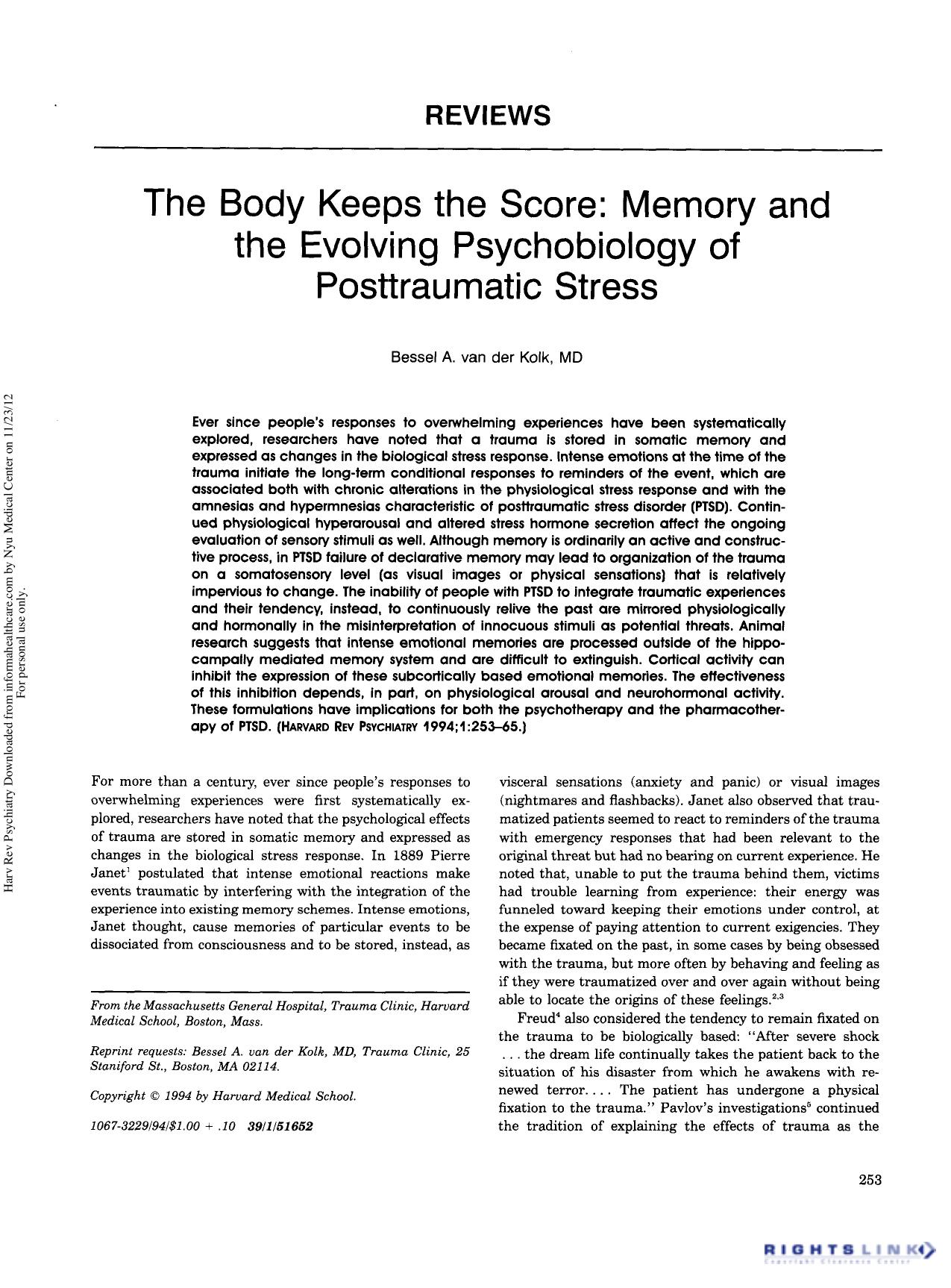 Bessel A. van der Kolk - The Body keeps the Score. Memory and the Evolving Psychobiology of Posttraumatic Stress. by Bessel A. van der Kolk