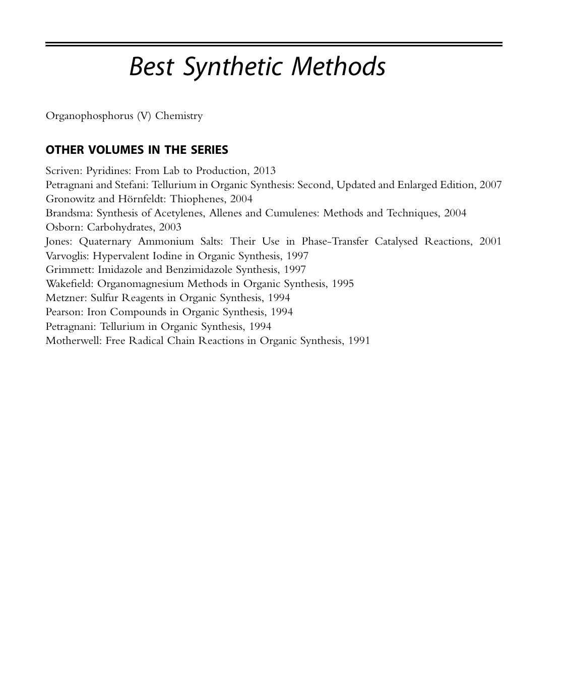 Best Synthetic Methods: Organophosphorus by Chris Timperley