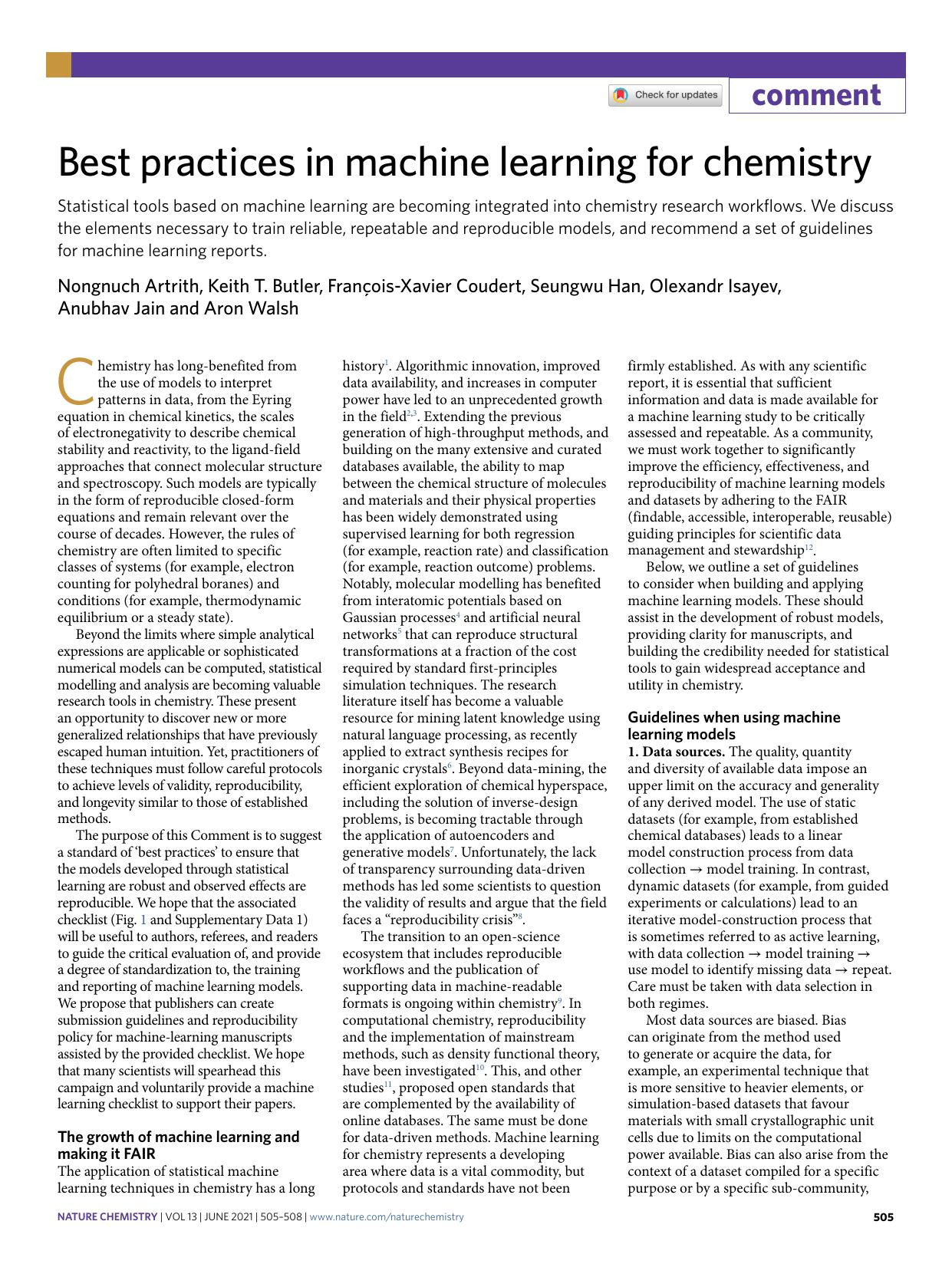 Best practices in machine learning for chemistry by unknow
