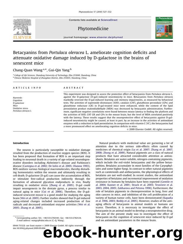 Betacyanins from Portulaca oleracea L. ameliorate cognition deficits and attenuate oxidative damage induced by D-galactose in the brains of senescent mice by Chang-Quan Wang; Gui-Qin Yang